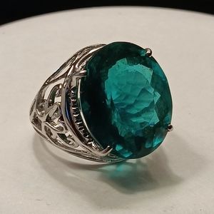 .925 NWOT SILVER FILIGREE RING WITH GORGEOUS AQUA TEAL LARGE OVERSIZED GEMSTONE